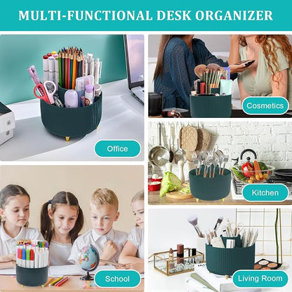 SAYEEC Rotating Pen Holder 5 Slots Desk Organizer with Adjustable Phone Stand Dark Green Makeup Brush Holder Organizer Cute Pencil Cup Pot Art Supply Storage Caddy for Office School Vanity Bathroom
