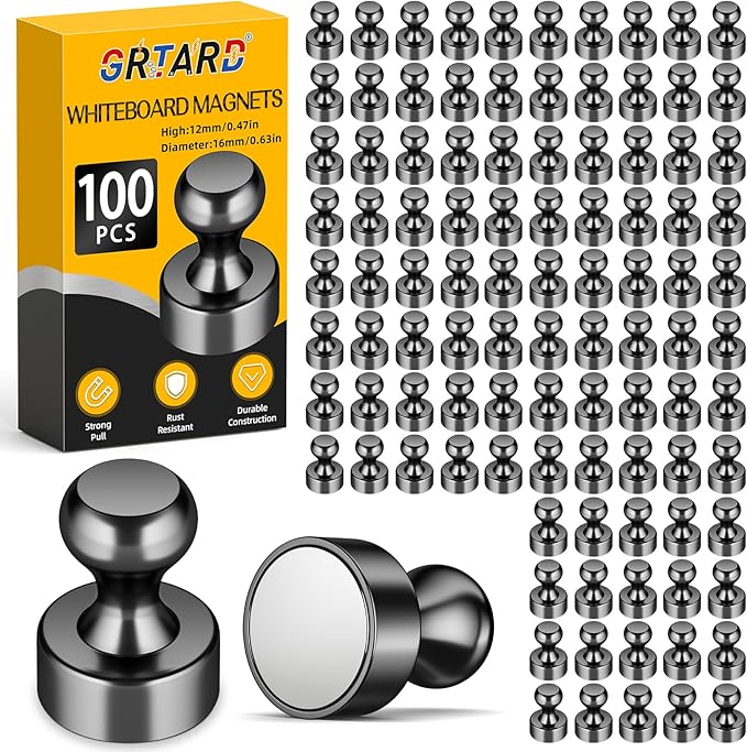 Grtard 100 Pack Magnetic Push Pins, Fridge Magnets for Whiteboard, Whiteboard Magnets Refrigerator Magnets, Small and Strong Push Pin Magnet for Office, School, Locker, and Map Magnet (Black)