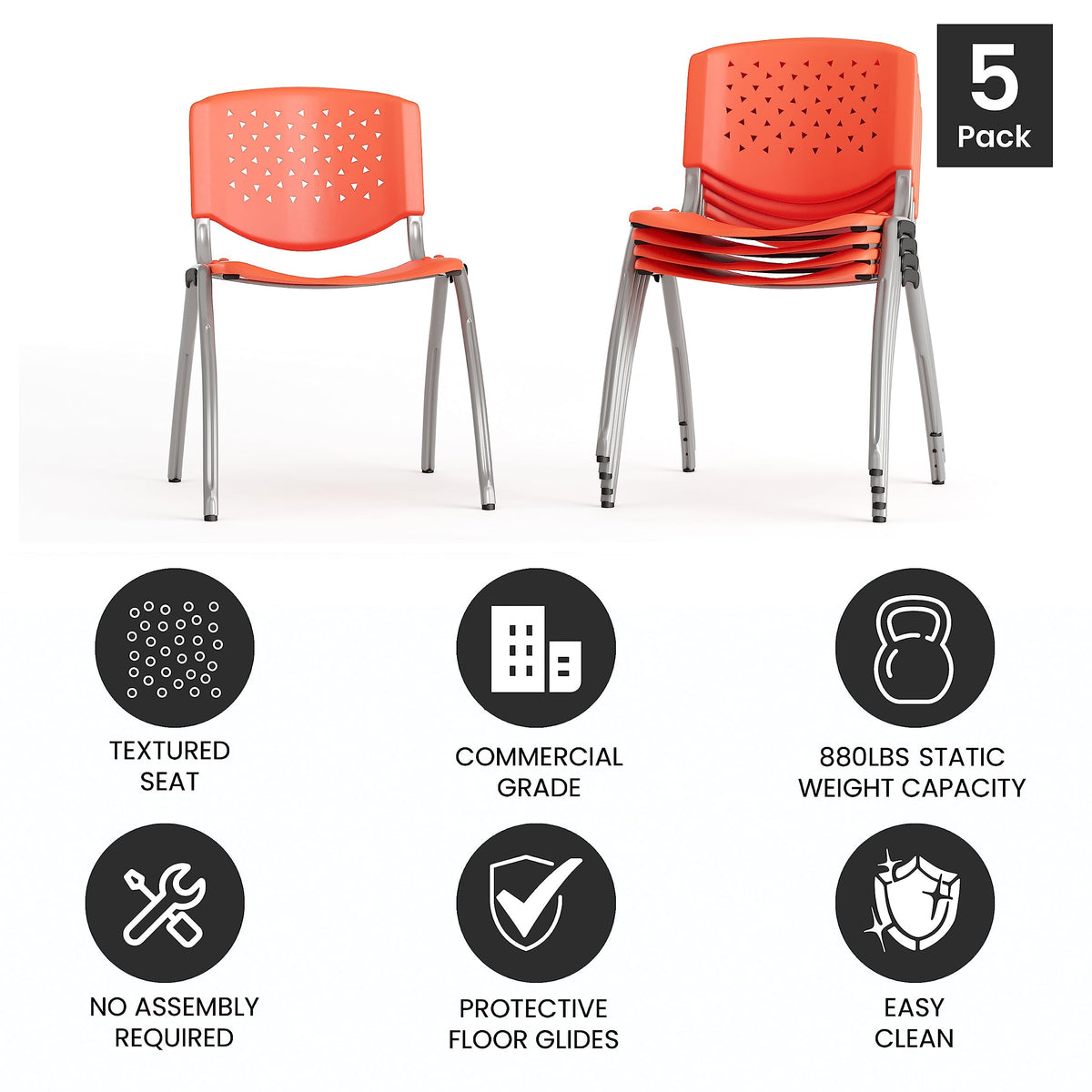 5 Pack 880 lb. Capacity Orange Plastic Stack Chair | Comfortable Seating with Durable Design
