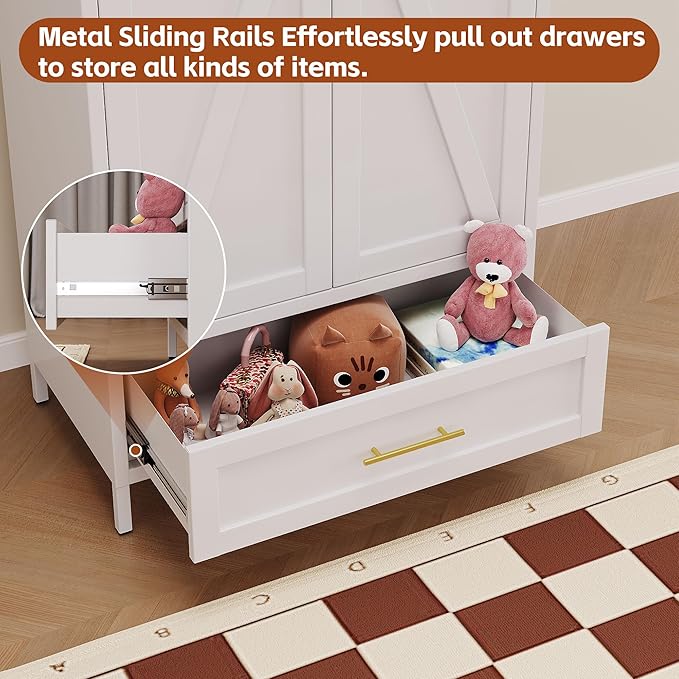 SUPEER Metal Wardrobe Cabinet with 1 Drawer and Hanging Rod, 70.9" H Metal Closet Cabient with Adjustable Shelf for Bedroom, Laundry Room, Home,Office,Installation Required,White