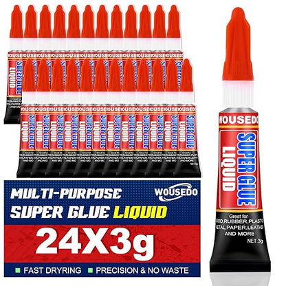WOUSEDO 24 X 3g Super Glue Liquid, Clear Strong Adhesive,Fast Drying Cyanoacrylate Glue for Wood, Rubber, Leather, Hard Plastic, Metal, DIY Crafts and More