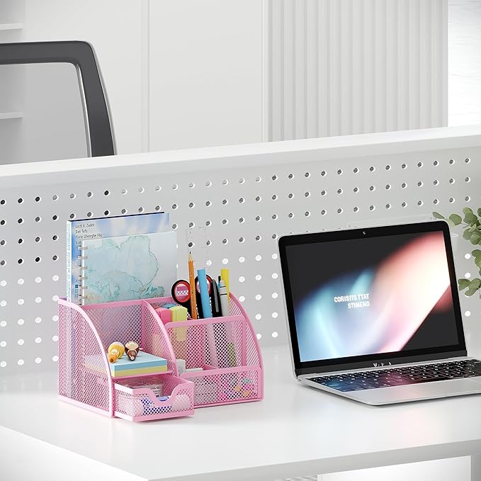 EasyPAG Mesh Desk Organizer with Drawer Multi-functional Pen Holder Stationery Organizer for Office School Supplies 6 Compartments Dorm Organizers and Storage for Desk, Light Pink