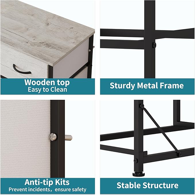 LUMTOK 10-Drawer Dresser, Fabric Storage Dresser Drawers for Bedroom, Hallway, Nursery, Closets, Steel Frame, Wood Top, Easy Pull Handle (Greige)