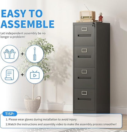 Yukimo 4 Drawer File Cabinet, Vertical File Cabinet with Lock, Metal Locking Filing Storage Cabinet for Home Office, Hanging Files for A4/ Legal/Letter, Assembly Required, Black