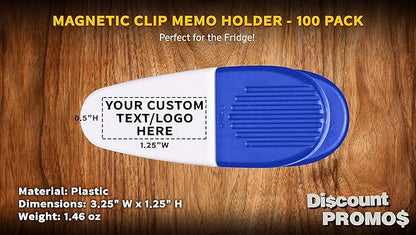 100 Magnetic Memo Holders Set - Customizable Text, Logo - Large Clip, Plastic - White Blue