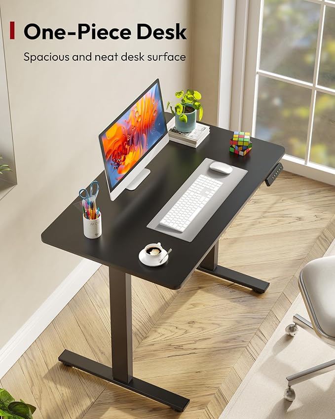 SANODESK Electric Standing Desk 40 x 24 Inches Whole-Piece Desktop Height Adjustable Stand Up Desk w/6-Button Controller Ergonomic Computer Desk for Home Office, Black Frame + Black Tabletop