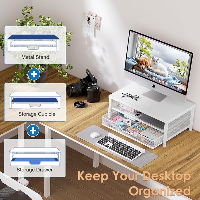 OPNICE Computer Monitor Stand Riser, Desk Organizer with Drawer, Laptop Stand, Office Desk Accessories & Workspace Desktop Organizers Storage for Office Supplies(White)