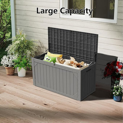 Decksplore 100 Gallon Outdoor Storage Box Waterproof, Lockable Resin Deck Box Patio Storage Bin for Pool Accessories Cushion Furniture, Garden Tools, UV-Resistant Outside Delivery, Grey