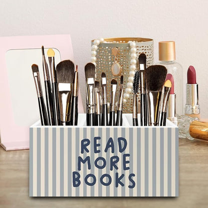 Reading Room Decor Pen Pencil Holder Organizer for Desk,Read More Books Blue Striped Wooden Box Signs Decorations for Reading Room Classroom Library Desk Tabletop, Book Lover Reader Gifts