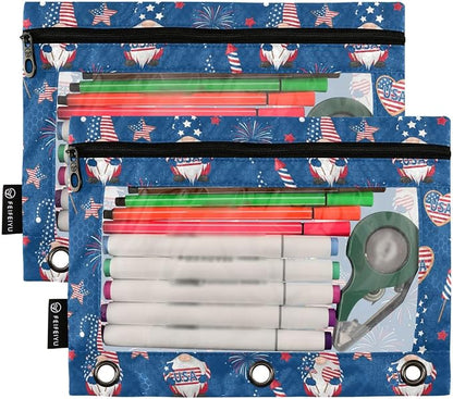 Emelivor Gnome 4th July Pencil Pouch for 3 Ring Binder 2 Pcs Binder Pouches with Zipper Pocket Pencil Case Bag with Clear Window for College Office Daily Supplies