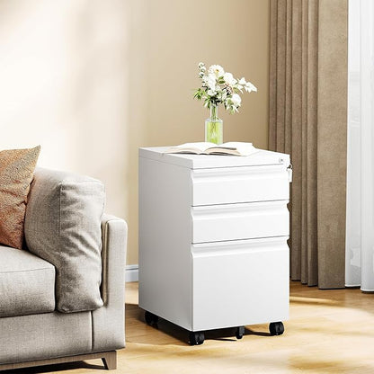 MIIIKO White Filing Cabinet 3 Drawers on Wheels Under Desk, Metal Rolling File Cabinet with Lock for Home Office, Small Mobile File Cabinet for Letter Legal File Folders, Un-Assembled