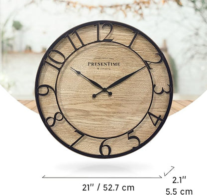 Presentime & Co 21" Farmhouse Series Wall Clock, Cottage Style, Vintage Design, Oil Rubbed Antique Bronze Finish. Wall Décor for Living Room, Dining Room, and Entryway.