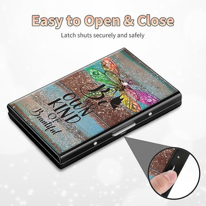 BWEGRHE Slim Credit Card Holder, Dragonfly Glitter Wood RFID Blocking Metal Wallet for Men & Women, Aluminum Minimalist Hard Case Pocket-Sized Business Cards Organizer (Fits Up to 10 Cards)