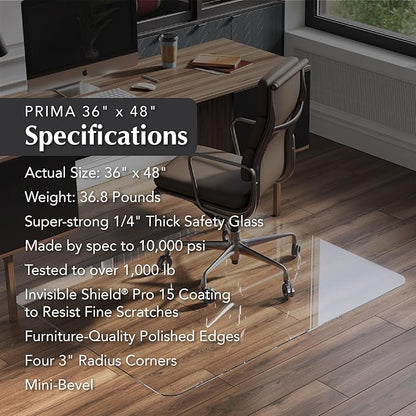 Vitrazza Glass Chair Mat 36” x 48” Superior ¼ Thick, Chiaro Standard Clear, Certified Tempered Safety Glass, Delivers a Smooth Glide, Protects Carpet or Wood, Beautiful in Home or Office.