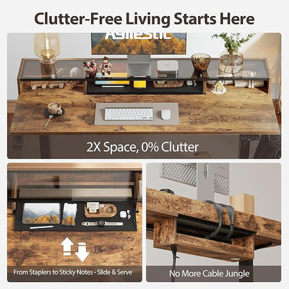 Agilestic Glass Standing Desk with Storage, 48 Inch Electric Adjustable Desk with Glass Shelf and Cable Management, Sit Stand Up Home Office Computer Table, Splice Board, Rustic Brown
