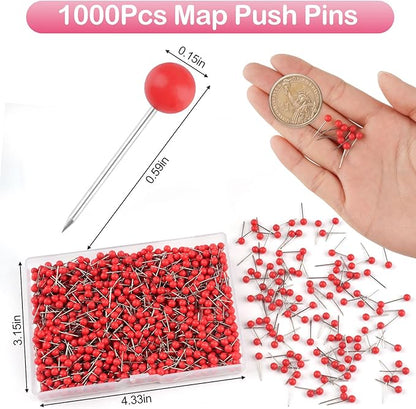 1000 Pcs Multi-Color Push Pins, Map Pins for Travel Map, Small Map Tacks with Plastic Beads Head for Cork Board (Red, 1/8 ")