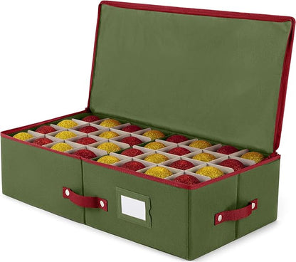 ZOBER Underbed Christmas Ornament Storage Box - Stores 64 3" Ornaments, With Dividers - Tear Proof 600D Oxford Fabric, Ornament Organizer Storage Box, Durable Christmas Containers Holder - Green