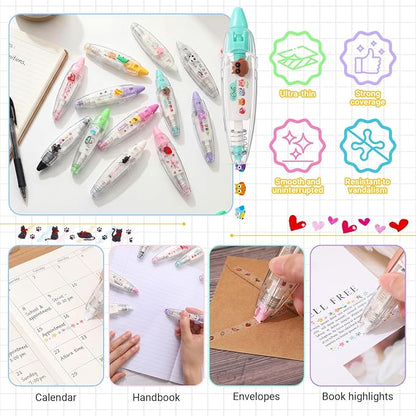 12 Pcs Decorative Tape Pen, Cartoon Animals Press Type Correction Tape, Decorative Roller Pen DIY Creative for Back to School Gifts, Rewards, Scrapbooking, Christmas Stocking Stuffers