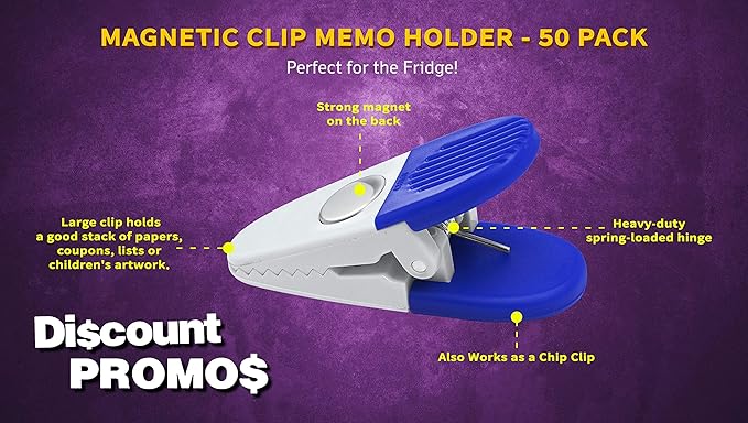 50 Magnetic Memo Holders Set - Customizable Text, Logo - Large Clip, Plastic - White Blue