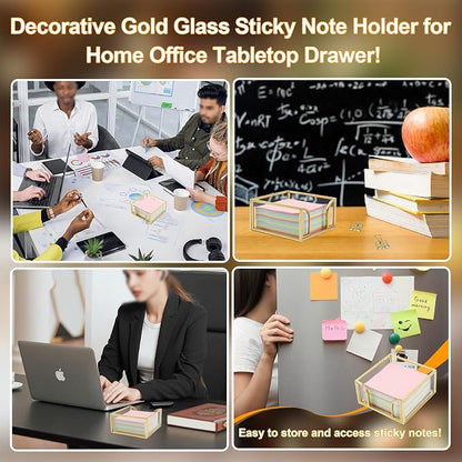 Glass Sticky Note Holder, Gold Post It Note Dispenser for Desk,3 x 3 Inch Post It Note Holder,Stylish Sticky Note Dispenser for Home Office Desk