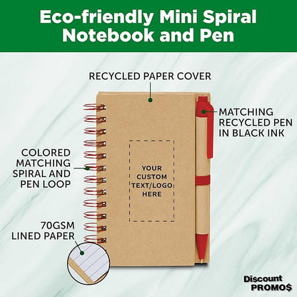 Custom Mini Spiral Notebooks with Black Ink Pens Set of 10/50/100, Personalized Bulk Pack - Perfect for School, Office, Business, Home - Red