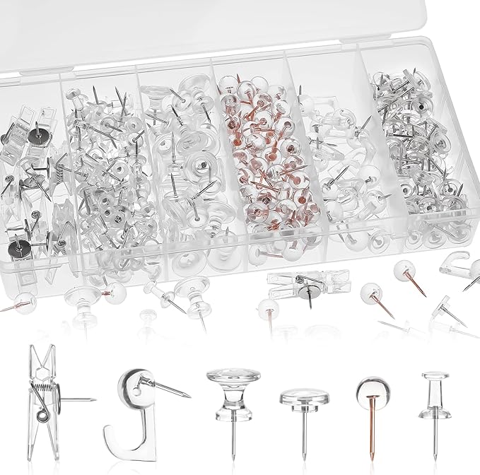 290 Pcs Push Pins, 6 Style Thumb Tacks Set for Wall Hanging,Cork Board, Bulletin Board, Decorative Steel Point Push Pins for Map, Photo, Craft, Office, Home - Clear