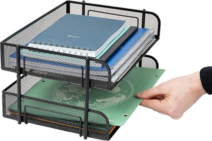 Mind Reader Stackable Paper Tray, Desktop Organizer, File Storage, Office, Metal Mesh, 13.5" L x 10" W x 7.25" H, 2 Pcs., Black