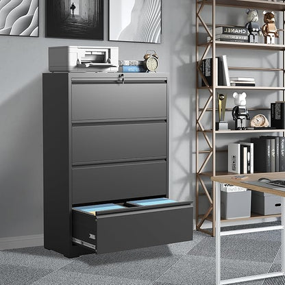 FLIXELIO File Cabinets 4 Drawer,Metal Office Storage Filing Cabinet with Lock,Black Lateral Filing Cabinet for Home Office,Horizontal Locking File Cabinet for Legal/Letter/A4 Files,Assembly Required