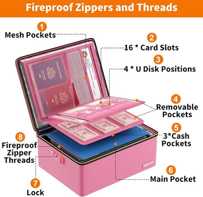 ENGPOW Fireproof Document Box with Lock & Heat-Resistant Fireproof Zipper | 6400°F 12-Layer Fire Protection, Hard File Organizer with Pockets, Portable Home Chest Safe Storage for Money,Jewelry, Pink