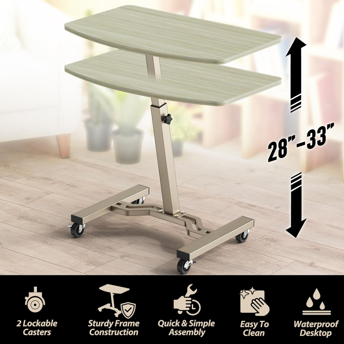 Mobile Height Adjustable Laptop Rolling Cart with Height Adjustment from 28" to 33", Maple
