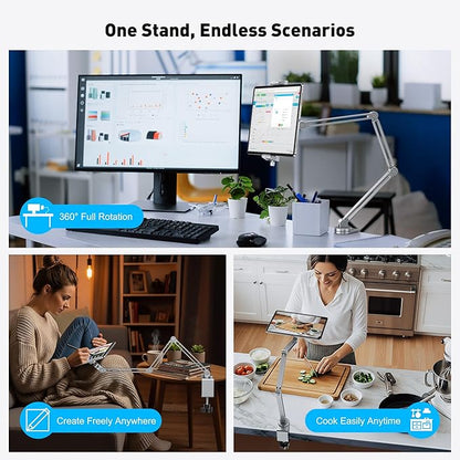 AboveTEK 2-in-1 iPad Stand for Desk, Aluminum iPad Holder Arm with Clamp & Magnetic Ring Head, 360° Adjustable Tablet Stand Holder, Bed Clamp Mount for 4.7"-13" iPads Air/Pro/Mini, Galaxy Tab & Phones