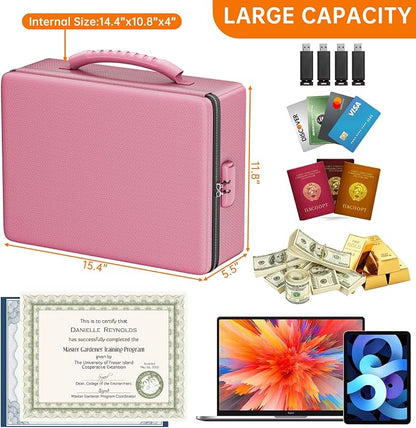ENGPOW Fireproof Document Box with Lock & Heat-Resistant Fireproof Zipper | 6400°F 12-Layer Fire Protection, Hard File Organizer with Pockets, Portable Home Chest Safe Storage for Money,Jewelry, Pink