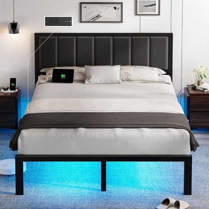 Queen Bed Frame with Headboard, Smart LED & Charging Station