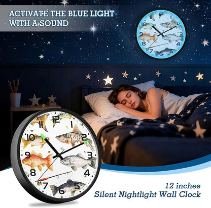Vozoza Fishing Underwater 12 Inch Analog Wall Clocks Battery-Operated with Led Lights for Living Room Bedroom Kitchen Office Decor, Battery Not Included