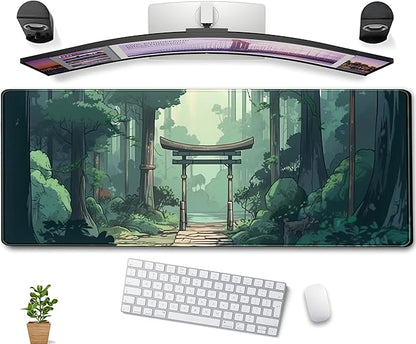 Japanese Green Forest Gaming Mouse Pad Anime Tree Woodland Desk Mat XL Large, Cute Aesthetics Women Office Desk Decor Laptop Computer Keyboard and Mouse Mat with Stitched Edges Matt 31.5''x11.8''