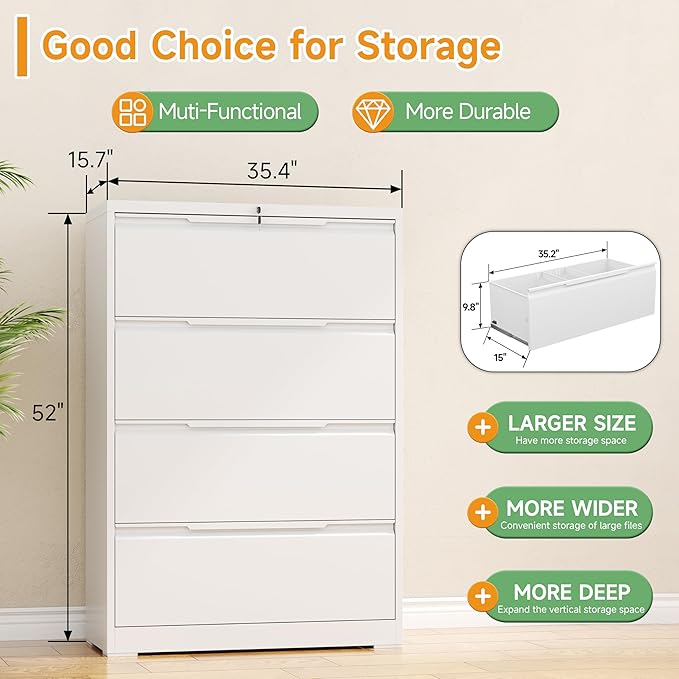 LONGLINK 4 Drawer Lateral File Cabinets with Lock,Metal Filing Cabinet for Home Office,Wide Office Storage Cabinet with Hanging Bars for A4 Legal/Letter Size(White-Easy Assembly)