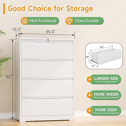 LONGLINK 4 Drawer Lateral File Cabinets with Lock,Metal Filing Cabinet for Home Office,Wide Office Storage Cabinet with Hanging Bars for A4 Legal/Letter Size(White-Easy Assembly)
