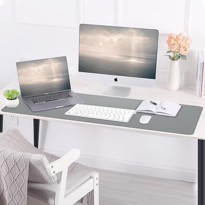 Leather Desk pad Protector,47" x 17" Large Desk mat with Natural Cork & PU Leather,Mouse pad,Non-Slip Office Desk Mat,Waterproof Desk Writing Pad for Office and Home (Light Gray)