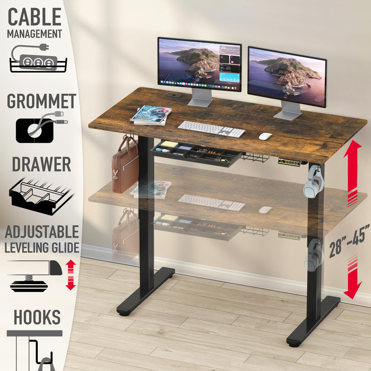 55 x 28 Inches Electric Height Adjustable Standing Desk with Drawer and Memory Preset, Rustic Brown