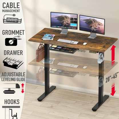 55 x 28 Inches Electric Height Adjustable Standing Desk with Drawer and Memory Preset, Rustic Brown