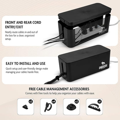 DMoose Cable Management Box - 2 Pack Medium & Large Cord Organizer for Desk & Floor, Cable Organizer Box for Child & Pet - Cable Box Hider for Tidy Office & Home, Power Strip Cover (Black - Pack of 2)