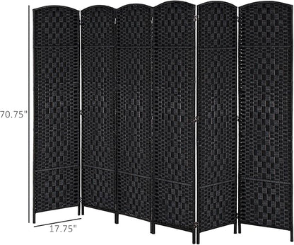 HOMCOM Room Divider, 6 Panel Folding Privacy Screen, 6FT Tall Portable Wicker Weave Partition Wall Divider for Bedroom, Home Office, Black