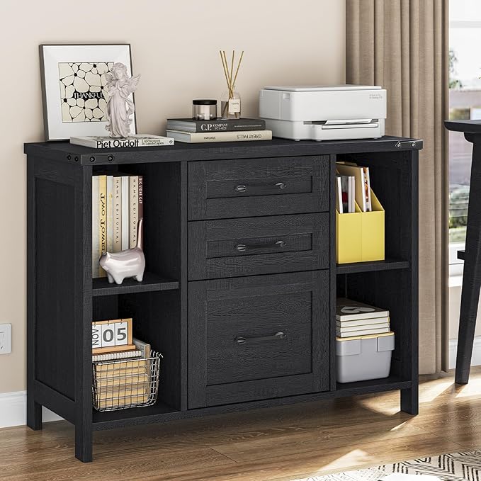 Vabches File Cabinet with 3 Drawers, Farmhouse Lateral File Cabinet Fits Files Letter/A4 Size, Wooden Filing Cabinet with Adjustable Shelves Printer Stand for Home Office, Black