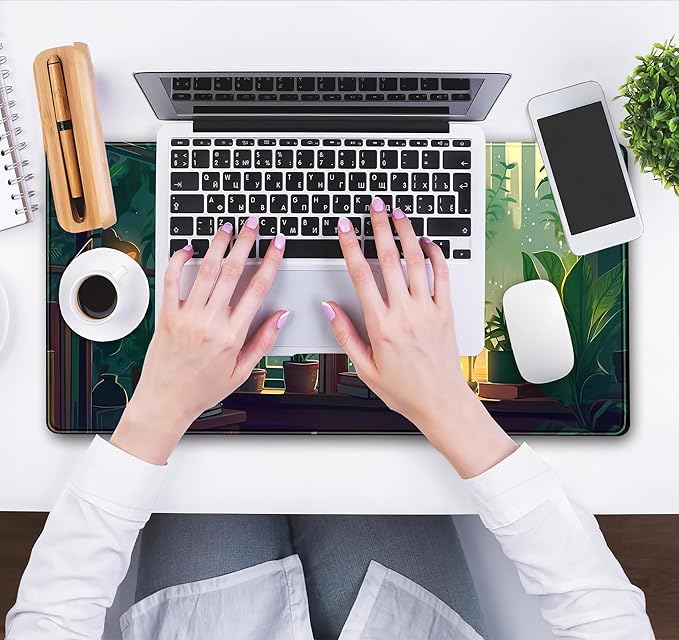 Cute Green Lofi Desk Mat Plants Mouse Pad Anime Forest Aesthetic Nature Desk Pad, XXL Large Gaming Extended Mousepad for PC Laptop Keyboard Mouse Mat Women Office Decor Girl Playmat 31.5x15.75 in