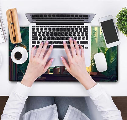 Cute Green Lofi Desk Mat Plants Mouse Pad Anime Forest Aesthetic Nature Desk Pad, XXL Large Gaming Extended Mousepad for PC Laptop Keyboard Mouse Mat Women Office Decor Girl Playmat 31.5x15.75 in