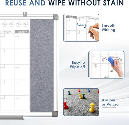 MAKELLO Dry Erase Calendar for Wall 24" x 18", Whiteboard Calendar and Grey Felt Board Combo for Office Home School