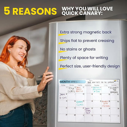 Monthly Magnetic Calendar for Refrigerator - 17x12” Stain-Resistant Dry Erase Fridge Calendar Whiteboard with Large Writing Space for Schedules, Chores & Meals - With 4 Markers & Eraser - Sunday Start