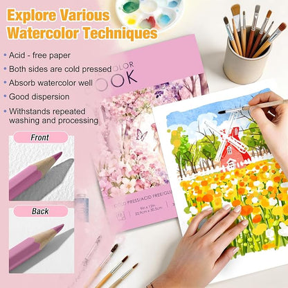 Creazic Watercolor Paper Book, 9"x12" Sketchbook, 18 Sheets 140lb/300gsm - No Bleed Art Paper for Watercolor, Acrylic Paint & Crayons - Gift Ideas for Adults & Students, Drawing Pad for Beginners