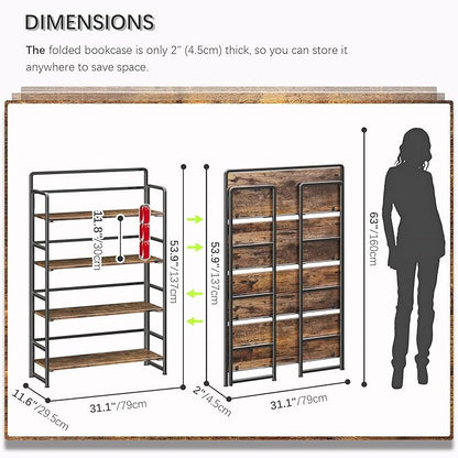 4NM No Assembly Extra Wide 4 Tiers Folding Bookshelf Storage Shelves Vintage Bookcase Standing Racks Study Organizer Home Office (Rustic Brown Black)