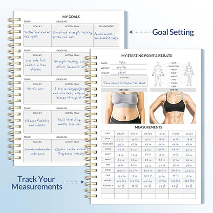Fitness Journal Workout Planner for Women & Men, A5 (6.4" x 8.3") Workout Journal Log Book Planner Gift for Track Gym Essentials, Home Workouts, Track Progress, Achieve Wellness Goals, Grey Blue